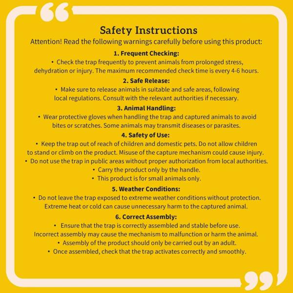 Yellow safety instructions panel for live animal trap, including release and use steps