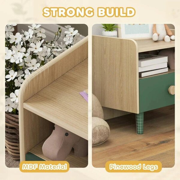 Kids Bedside Table with Drawer and Open Storage Shelf, Wooden Nightstand for Bedroom, Bedside Cabinet, Green