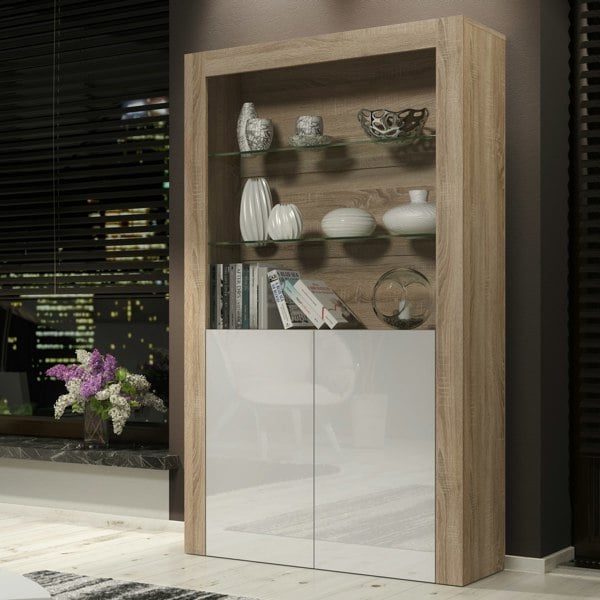 Mex Furniture Tall Display Cabinet 170cm Oak Matt Body and White Gloss Doors – Modern Open Shelving Unit