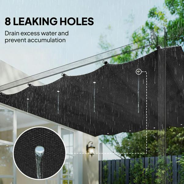 Dark grey retractable pergola cover roof with drainage eyelets to prevent water buildup