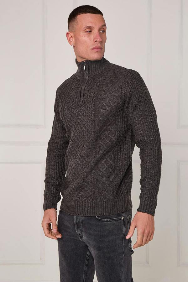 Men’s Half Zip Cable Knit Textured Jumper - Grey