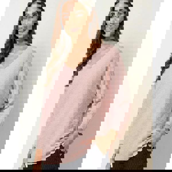 Blue Vanilla Metallic V Neck Knitted Ripple Jumper - Pink