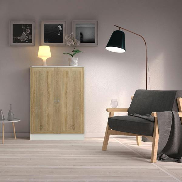Furniture To Go Basic Low Wide Storage Cabinet in White (2 Shelves) with 2 Oak Doors
