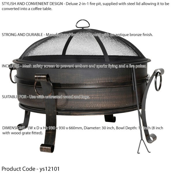 Round Fire Pit Wood Burner & Coffee Table - Party Dining Garden Heater & Mesh - LoopsDirect
