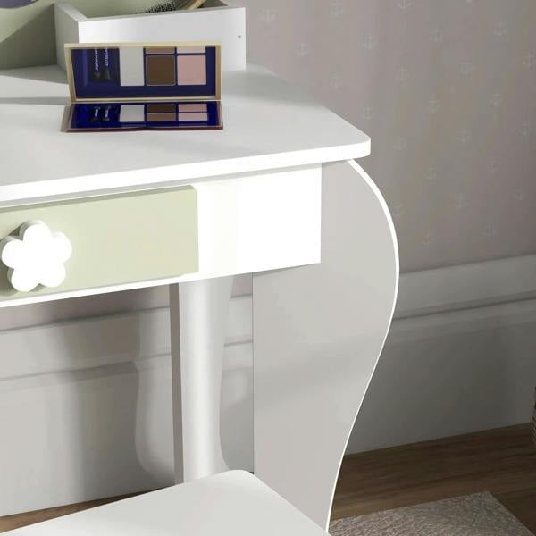 White vanity table with open drawer and shelf compartments for makeup and accessories