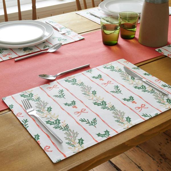Catherine Lansfield Christmas Holly Stripe Cotton Dining Placemat 4 Pack Cream / Red