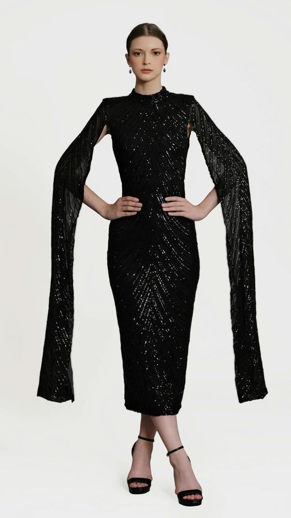 LuvForever Erinna - Black Cape Sleeve Sequin Midi Dress