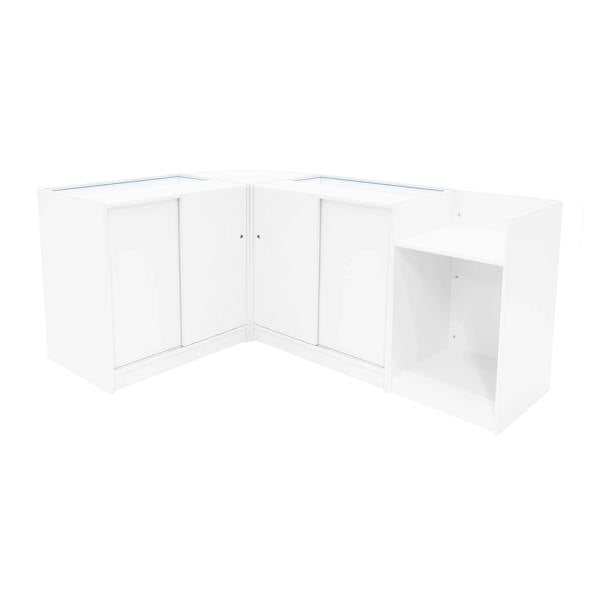 Eclipse LED Shop Counter Set in white, featuring sleek design with two cabinets, open shelf, and glass display tops for visibility
