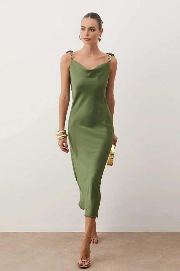 WOVCOR Woven Satin Maxi Party Dress with Accessory Details