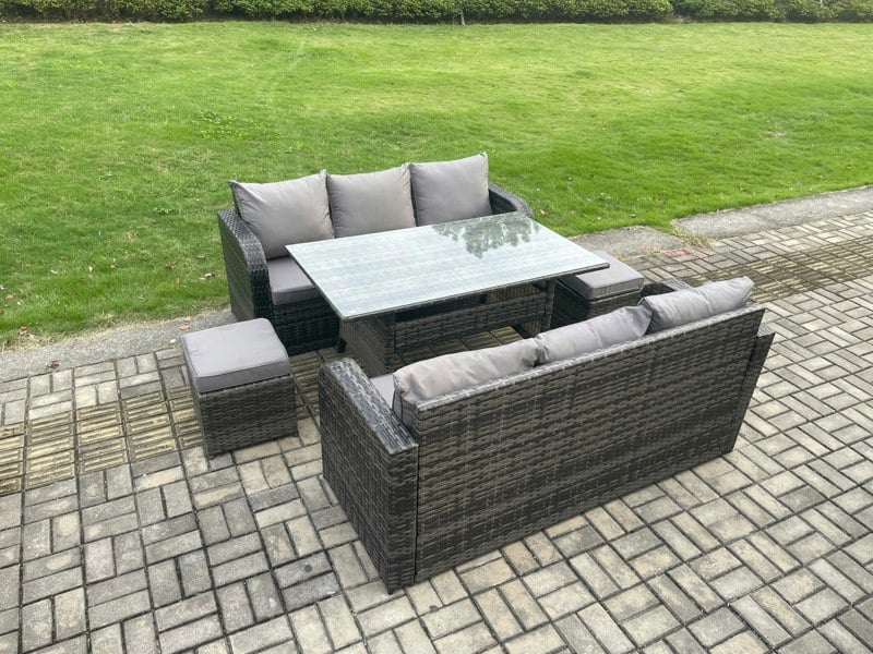 Fimous Patio Rattan Garden Furniture Set with Oblong Rectangular Dining Table 2 Small Footstools 8 Seater Outdoor Lounge Sofa Set Dark Grey Mixed
