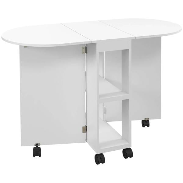 White drop-leaf dining table with two side cabinets and caster wheels on the base