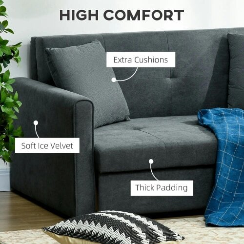 Bobobiy 2 Seater Sofa Bed with Hidden Storage, Pull Out Convertible Bed Settee, Modern Snow Flannel Loveseat Sofa Sleeper with 2 Cushions, Dark Grey