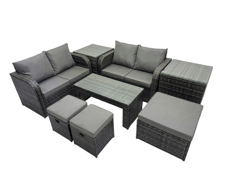 Fimous 3 Seater Sofa Reclining Chair Coffee Table Set Rattan Garden Outdoor Furniture Set with 2 Side Tables 3 Stools Dark Grey Mixed