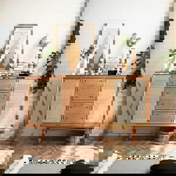 Evadne Rattan Sideboard with 2 Doors and 4 Drawers, Pine Wood-Rit Concept-Rit Concept