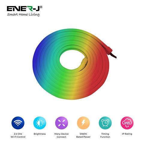 ENER-J 3M Smart WiFi RGB LED Neon Strip Light, IP65 Flexible Colour-Changing, Alexa/Google Control, 12V 30W, Memory Function