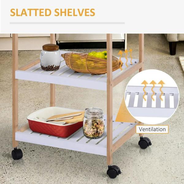 3-tier kitchen cart with white slatted shelves for ventilation and natural wood frame on casters