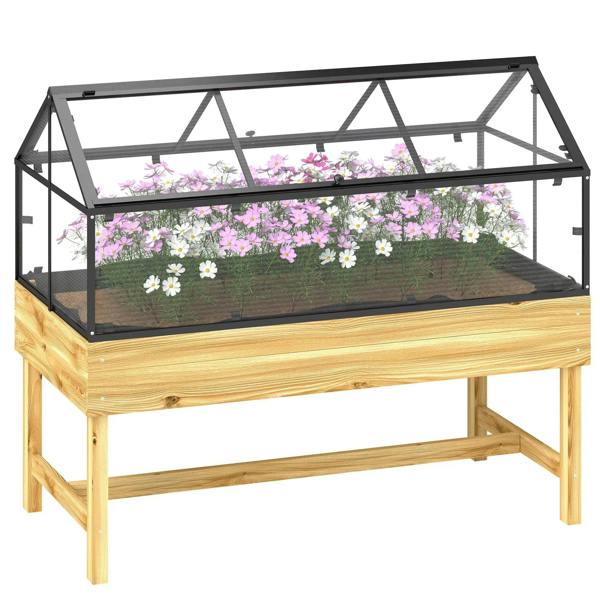 Raised garden bed with natural wood base and black metal mesh sides, open top