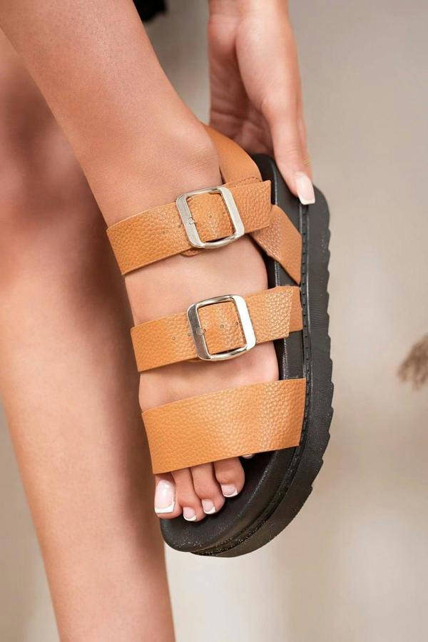Elora Triple Buckle Flat Sandals - Camel