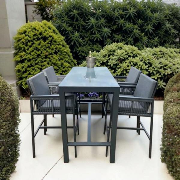 The Garden Marketplace Monaco 4 Seater Tall Garden Bar Table & Stool Set – Grey Powder-Coated Aluminium, Glass Top (140 x 70cm) with Cushions