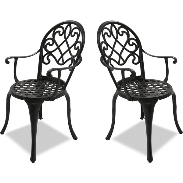 Homeology PREGO 2-Large Garden and Patio Bistro Chairs with Armrests in Cast Aluminium Black