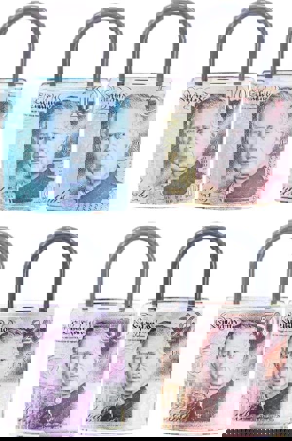 KAV Money Tin Box Padlock Shape 16x8x25cm, Metal Savings Bank with Handle, Coin Slot & Removable Lid, Pound Note Design, Multi-Colour, Assorted Pack 2