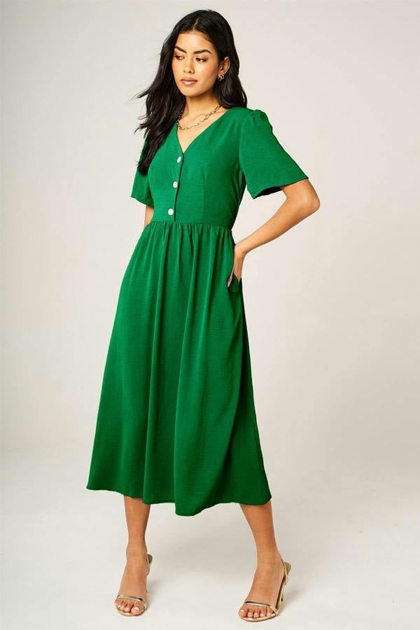 FS Collection Button Front Midi Dress In Green