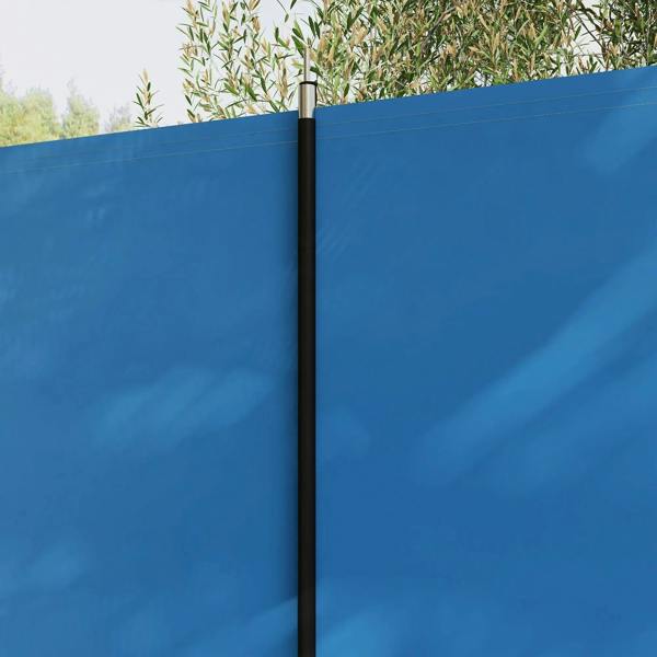 Blue windbreak corner panel with black steel pole and vertical seam detail