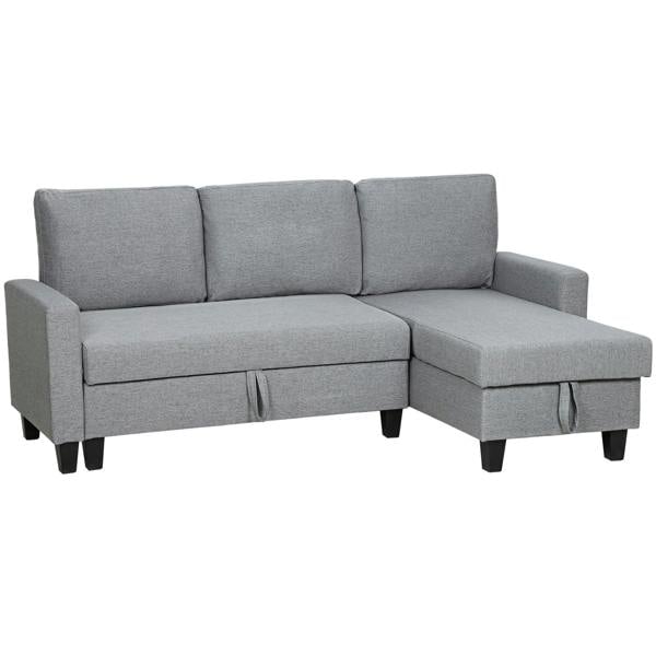 Grey L-shaped storage sofa bed with padded back, seat cushions, and chaise storage