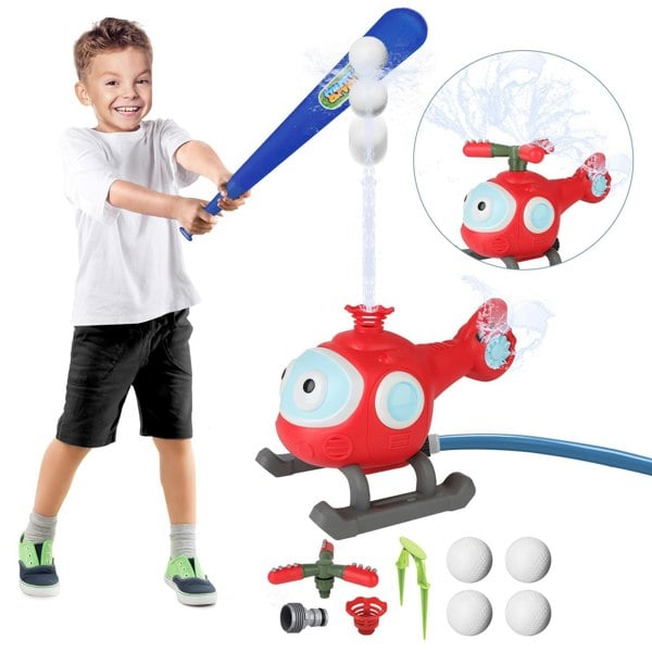 deAO Toys Baseball Play Set with Sprinkler and Helicopter Outdoor Water Spray Toy for Kids, Includes Tee Ball Set with 4 Balls