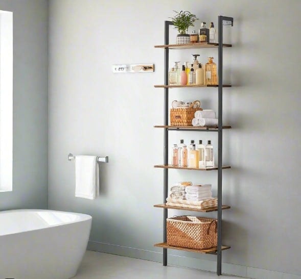 Modcraft 6-Tier Industrial Ladder Shelf, Rustic Brown & Black Tall Bookshelf for Home or Office