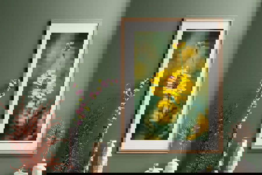 golden flower art print framed