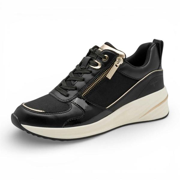Tamaris Women’s Black Gold Platform Trainers Sneaker Zip Lace-Up Running Shoes