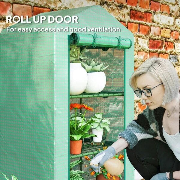 Bobobiy 3 Tier Mini Greenhouse Portable Garden Grow House with Roll Up Door and Wire Shelves, 69 x 49 x 125 cm, Green