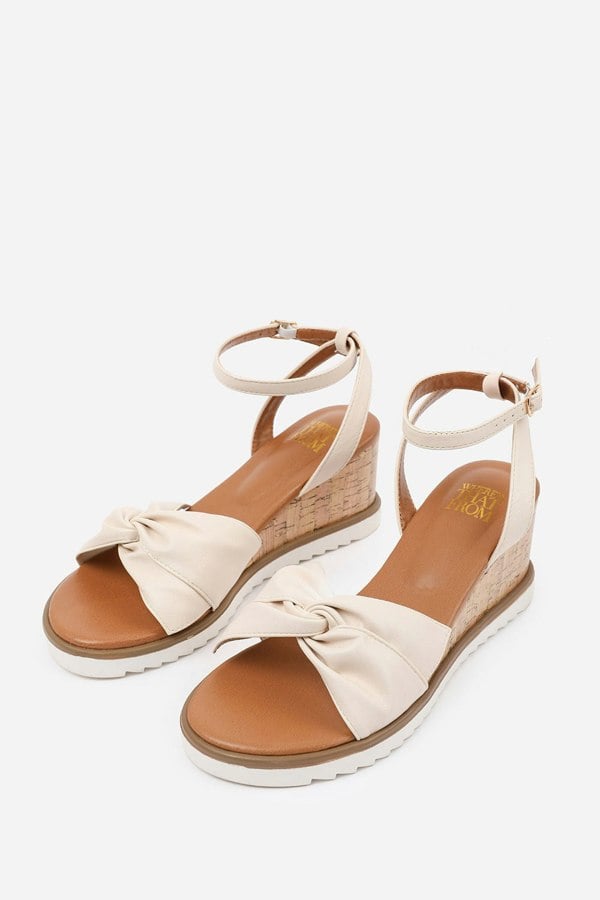 Where's That From Katara Wide Fit Knot Detail Wedge Shoes With Buckle Ankle Strap in Cream Pu