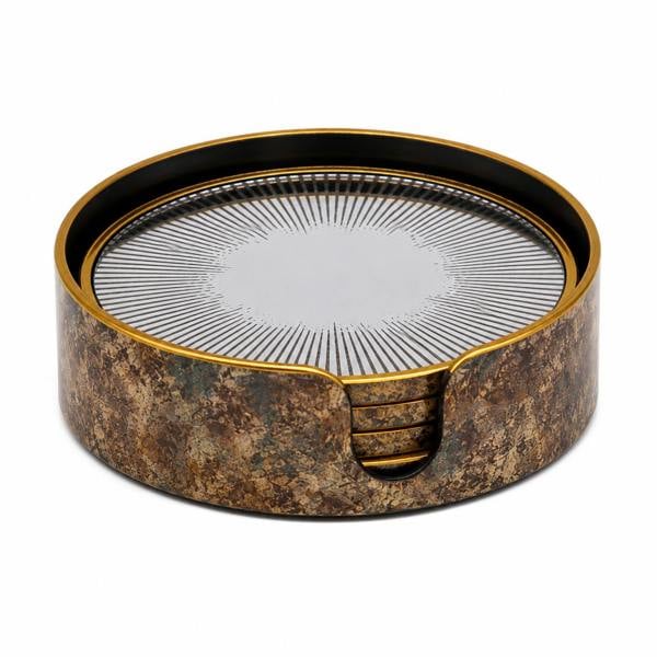 Maison des Cadeaux Retro Starburst Drink Coasters Set of 4 w/ Holder Gold Bronze Home Table Decor