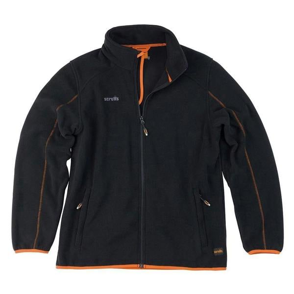 Scruffs Harbour Mens Micro Fleece Zip Up Jacket Coat, black fleece jacket with orange accents, front zipper, stand-up collar, and zippered side pockets.