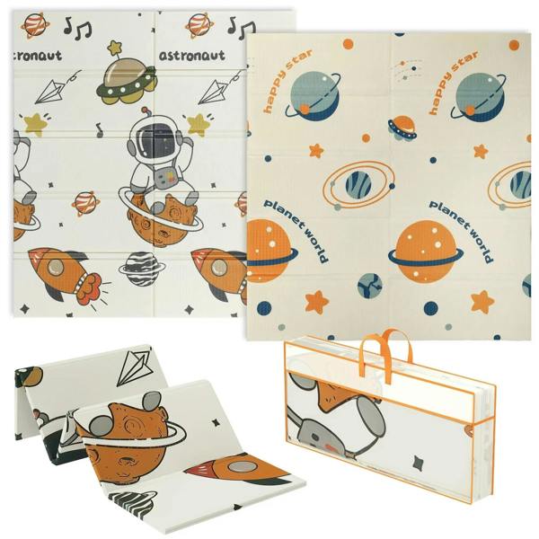 Space-themed baby foldable play mat, astronaut and planet prints, double-sided