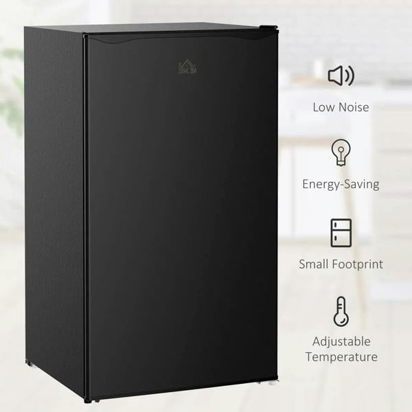 Black under-counter mini fridge with front view and energy-saving style icons