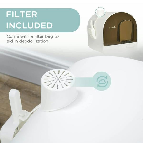 White hooded cat litter box with included filter and side scoop holder