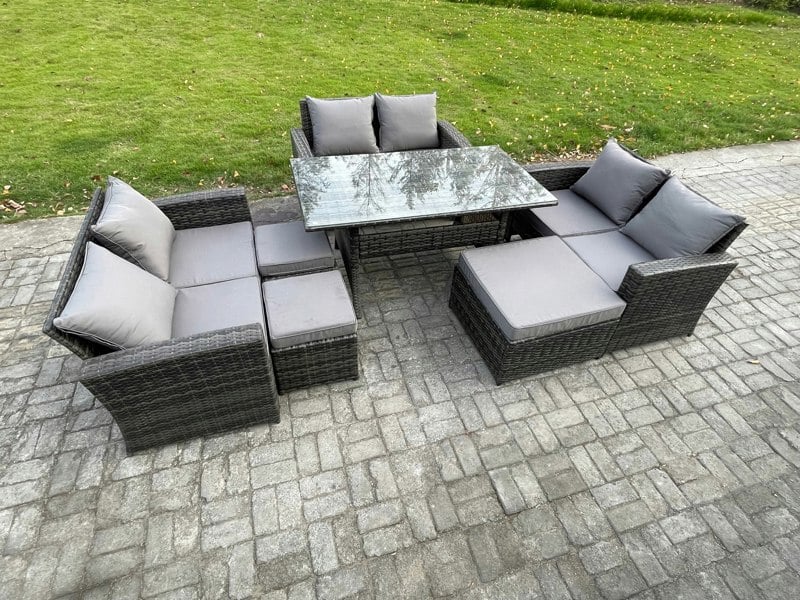 Fimous Wicker PE Rattan Garden Furniture Sets Outdoor Lounge Sofa Set with Oblong Dining Table Double Seat Sofa 3 Footstools Dark Grey Mixed