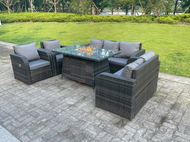 Fimous Dark Mixed Grey Rattan Outdoor Garden Furniture Gas Fire Pit Table Sets Gas Heater Lounge Love Sofa Reclining Chairs 7 Seater