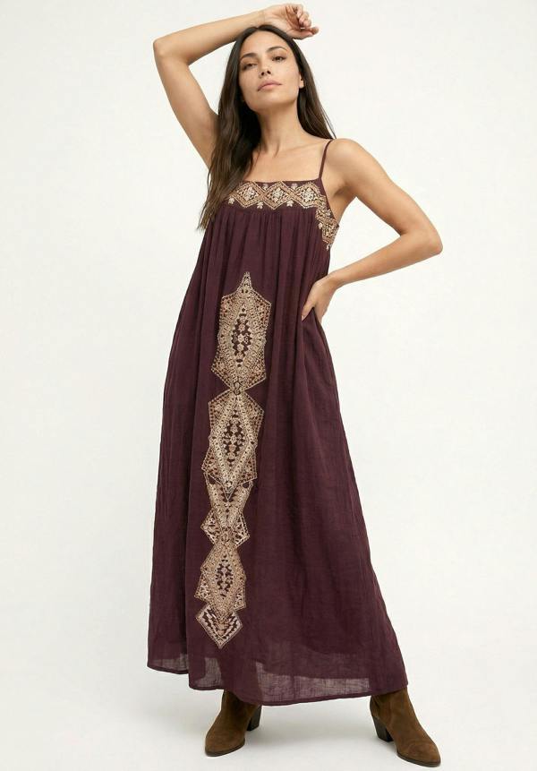Raffya Sapphire Spaghetti Strap Embroidered Maxi Dress In Aubergine