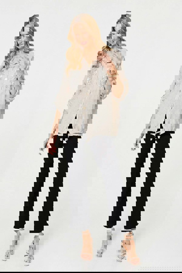 Beige | Sequin Detail 3/4 Turn-Up Sleeve Shirt
