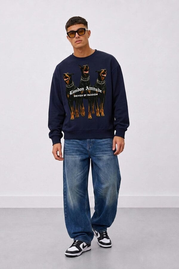 London Attitude Doberman Graphic Relaxed Oversized Fit Sweatshirt - French Navy