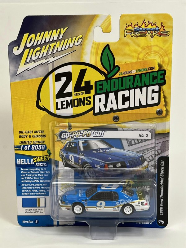 Johnny Lightning 1986 Ford Thunderbird Stock Car Bright Blue with Gold and White 1:64 JLSF024B