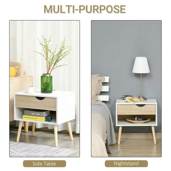 White multi-purpose side table with light wood drawer and open shelf; tapered wooden legs.