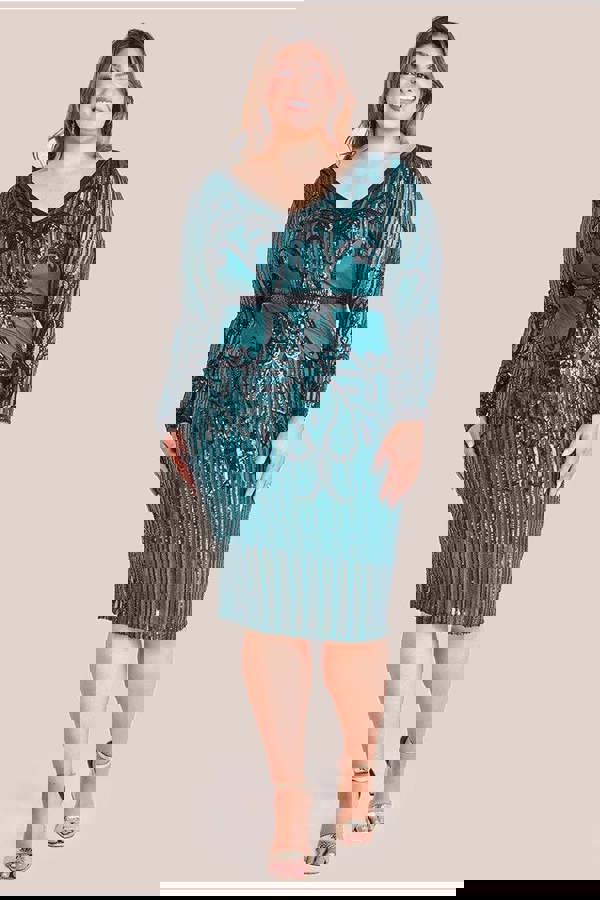 Sequin Mesh V Neck Midi Dress - Emerald DR3234P