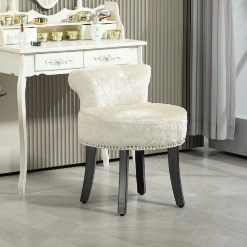 Wyld Haus Salami Beige Velvet Dressing Table Stool With Rubber Wood Legs