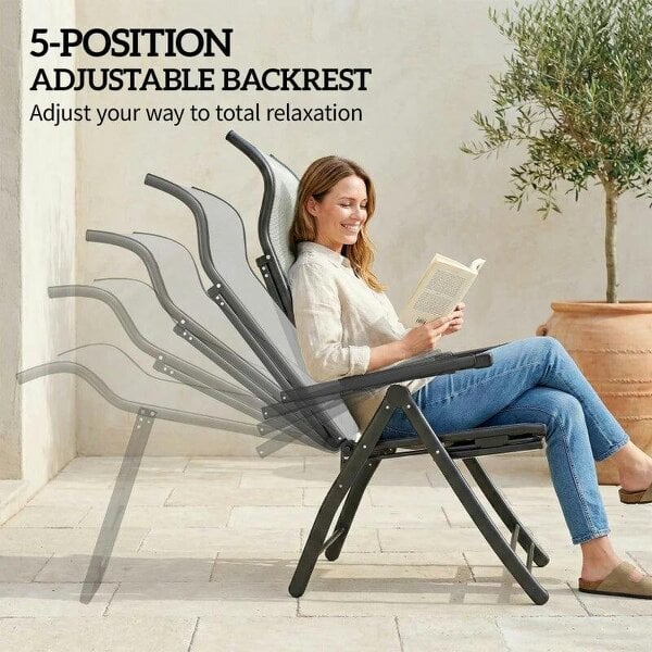 Bobobiy Reclining Garden Chairs Set of 2, 5-Position Folding Sun Loungers with High Back, Retractable Footrest, Light Grey