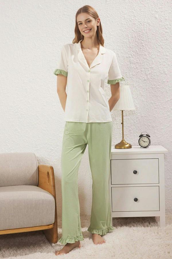 WOVCOR 2-Piece 100% Cotton Ruffle Detail Knitted Pajama Set